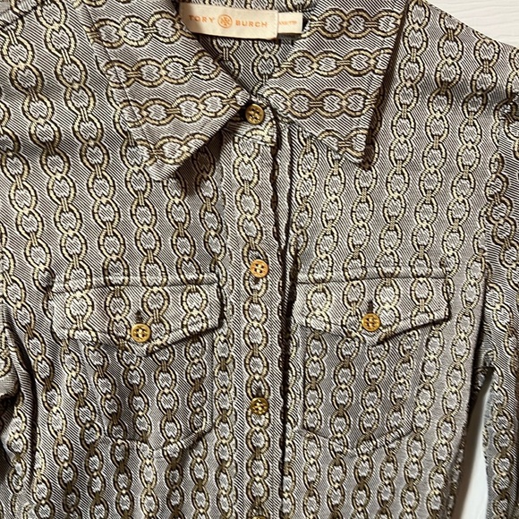 Tory Burch chain link print muted brown and silvery midi belted dress - size XXS - Picture 2 of 4